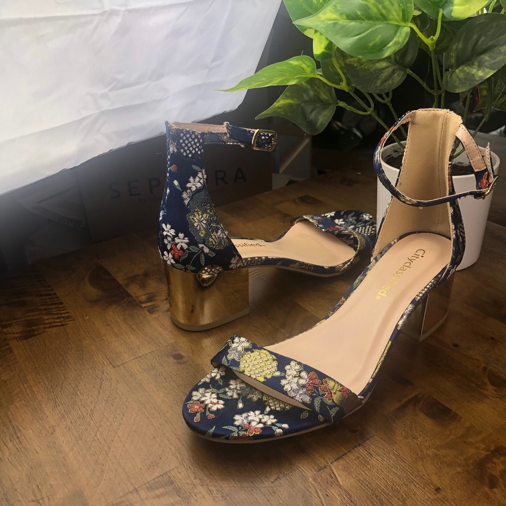 SOLD • Embroidered Gold Heel Sandals